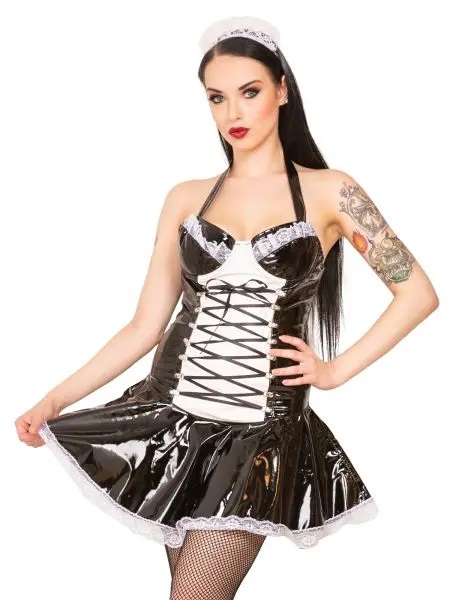 frilly pvc maid's dress with faux corset detial.